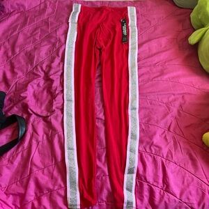 Leggings Depot Red Leggings with Silver Side Stripes